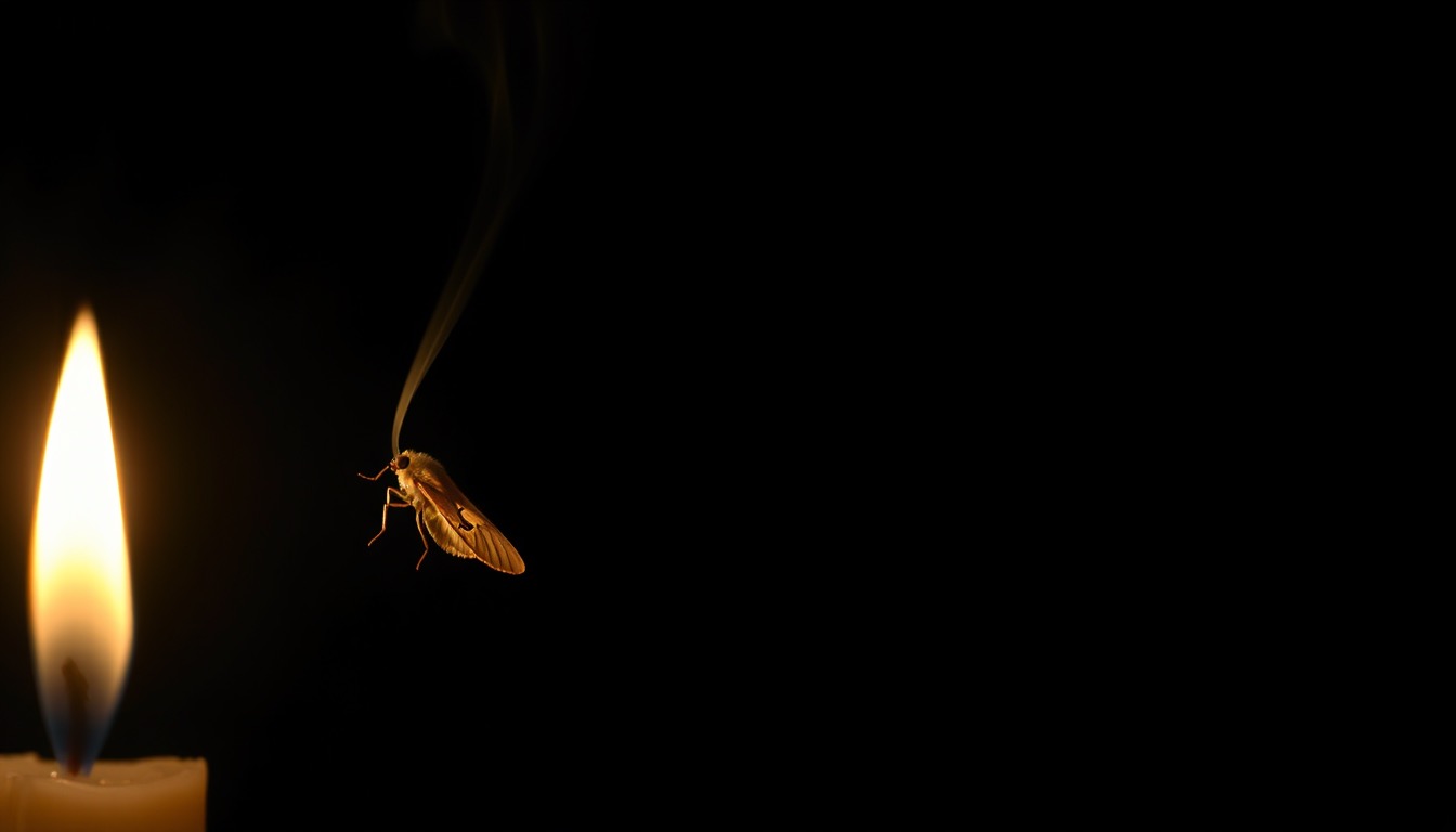 A single moth drawn toward a candle flame glowing in vast darkness
