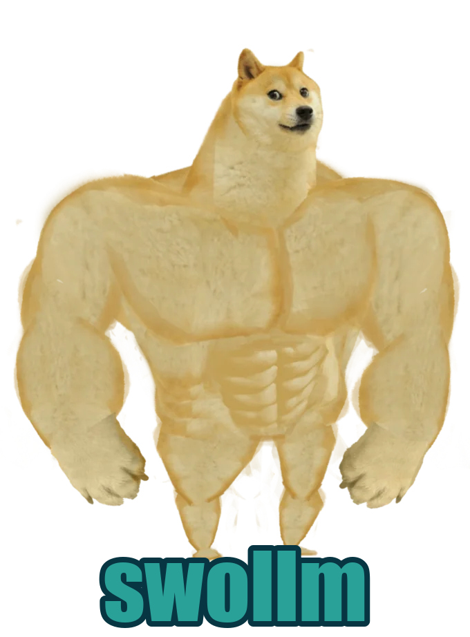 A muscular cartoon Shiba Inu (the Swole Doge meme) with the word swollm beneath it.